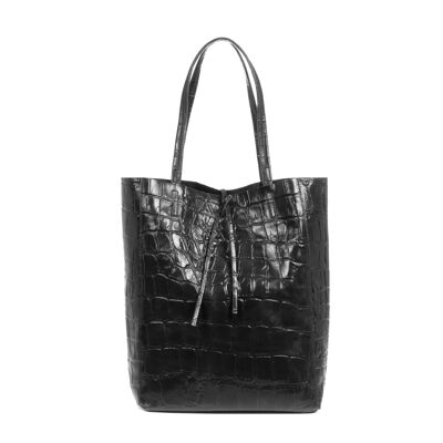Pordenone Women's Shopper Bag. Genuine Leather Suede Large Crocodile Engraving - Black