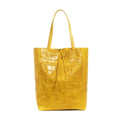Pordenone Woman Shopper Bag. Genuine Leather Suede Large Crocodile Engraving - Mustard