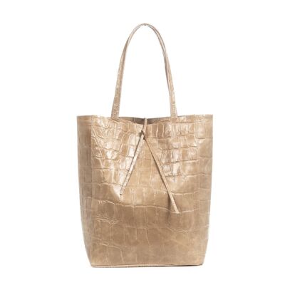 Pordenone Woman Shopper Bag. Genuine Leather Suede Engraved Crocodile Large - Taupe