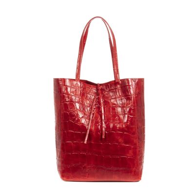 Pordenone Women's Shopper Bag. Genuine Leather Suede Large Crocodile Engraving - Red