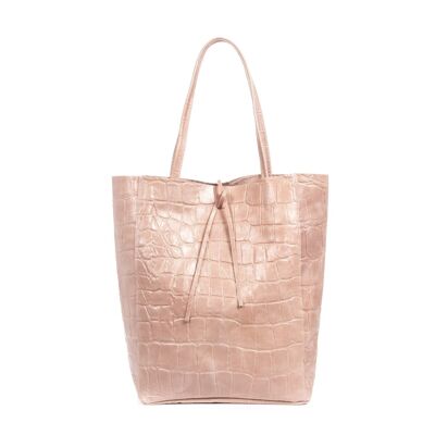 Pordenone Woman Shopper Bag. Genuine Leather Suede Large Crocodile Engraving - Light Pink