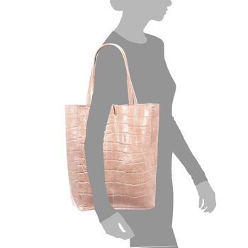 Sac Shopper Pordenone pour Femme en Cuir Véritable Daim Grande Gravure Crocodile - Rose Clair 4