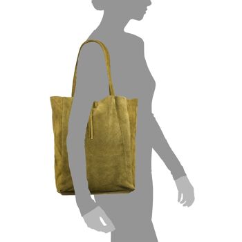 Sefora Sac Shopper pour Femme en Vrai Cuir de Veau Velours - Vert Olive 9