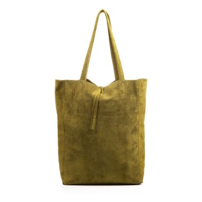 Sefora Woman Shopper Bag. Genuine Suede Leather - Olive Green