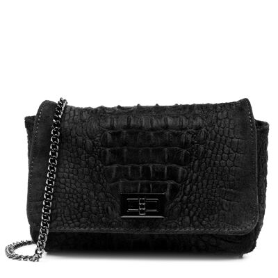 Monteriggioni Women's Shoulder Bag. Genuine Leather Suede Crocodile Engraving - Black