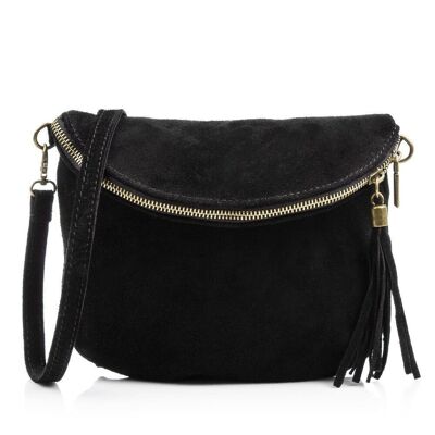 Cenerente Women's Shoulder Bag. Genuine Suede Leather - Black