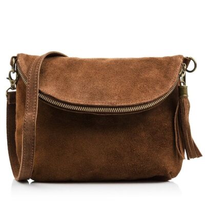 Cenerente Women's Shoulder Bag. Genuine Suede Leather - Dark Brown