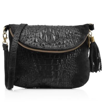 Capoliveri Women's Shoulder Bag. Genuine Leather Suede Crocodile Engraving - Black