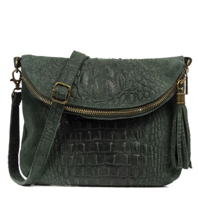 Capoliveri Women's Shoulder Bag. Genuine Leather Crocodile Engraved Suede - Dark Green