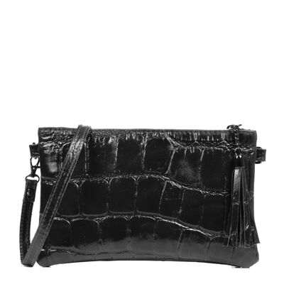 Oleggio Women's Shoulder Bag. Genuine Leather Suede Embossed Crocodile Large - Black
