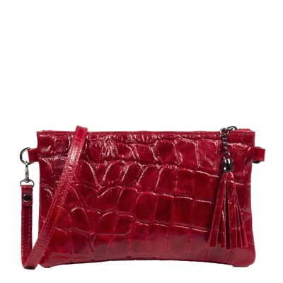 Oleggio Women's Shoulder Bag. Genuine Leather Suede Embossed Crocodile Large - Dark Red