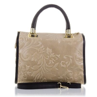 Faenza Women's Tote Bag. Genuine Leather Suede Engraving Flowers - Taupe
