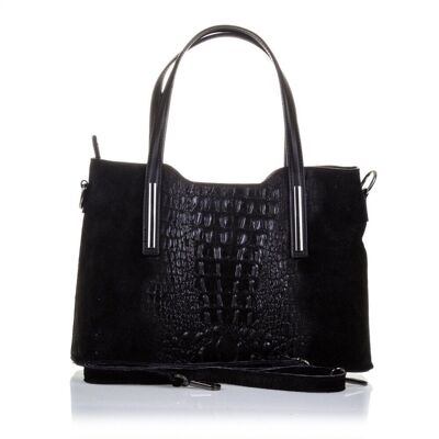 Fiesole Women's Tote Bag. Genuine Leather Suede Crocodile Engraving - Black