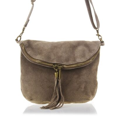 Cenerente Women's Shoulder Bag. Genuine Suede Leather - Taupe