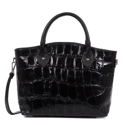 Imperia Women's Tote Bag. Genuine Leather Suede Embossed Crocodile - Black