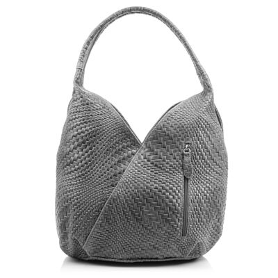 Jesi Women's Shoulder Bag. Genuine Leather Suede Engraved Interlacing - Gray
