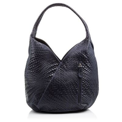 Jesi Women's Shoulder Bag. Genuine Leather Suede Engraved Interlacing - Dark Blue