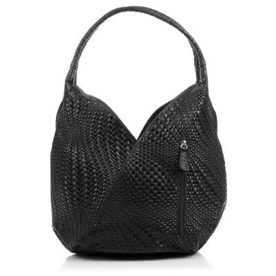Jesi Women's Shoulder Bag. Genuine Leather Suede Engraved Interlacing - Black