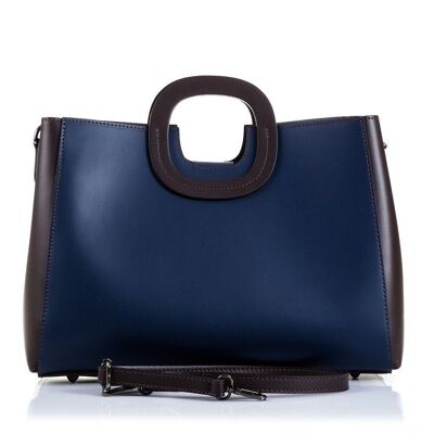 Adina Women's Tote Bag. Ruga Genuine Leather - Dark Blue; Chocolate Brown