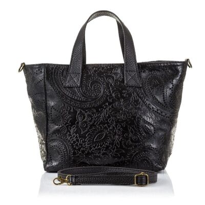 Cassandra Women's Tote Bag. Genuine Leather Suede Arabesque Engraving - Black