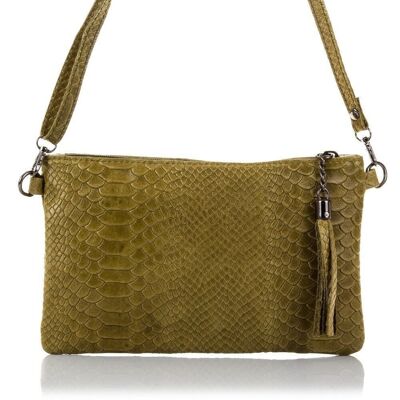 Deanna Women's Handbag. Genuine Leather Suede Engraved Snake - Green
