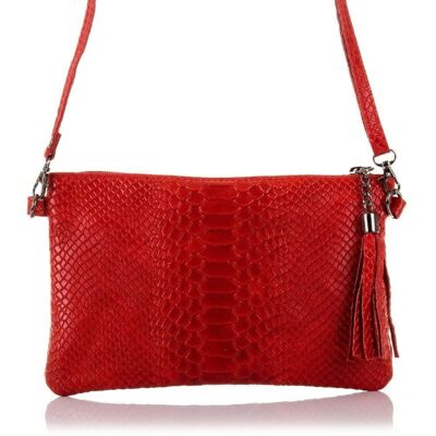 Deanna Women's Handbag. Genuine Leather Suede Embossed Snake - Red