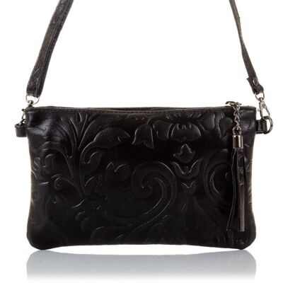 Delia Sac à Main Femme en Cuir Véritable Daim Gravure Fleurs - Noir