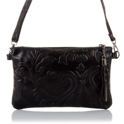 Delia Women's Handbag. Genuine Leather Suede Engraving Flowers - Black