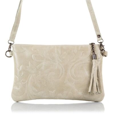 Delia Women's Handbag. Genuine Leather Suede Engraving Flowers - Beige