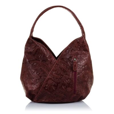 Donia Women's Shoulder Bag. Genuine Leather Suede Arabesque Engraving - Garnet
