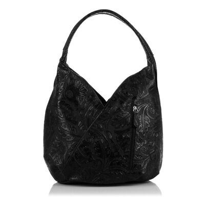 Donia Women's Shoulder Bag. Genuine Leather Suede Arabesque Engraving - Black