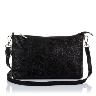 Martia Sac à Bandoulière pour Femme Gravure Arabesque en Cuir Véritable Daim - Noir