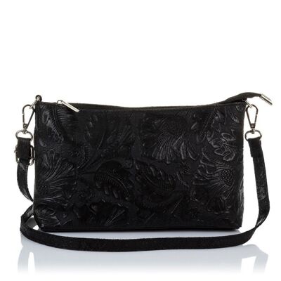 Martia Women's Shoulder Bag. Genuine Leather Suede Arabesque Engraving - Black