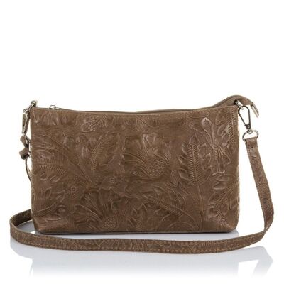 Martia Women's Shoulder Bag. Genuine Leather Suede Arabesque Engraving - Brown