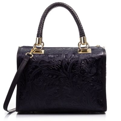 Catena Women's Tote Bag. Genuine Leather Suede Arabesque Engraving - Black