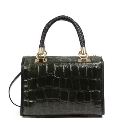 Catena Women's Tote Bag. Genuine Leather Suede Embossed Crocodile Large - Dark Green