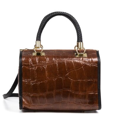 Catena Women's Tote Bag. Genuine Leather Suede Embossed Crocodile Large - Dark Brown