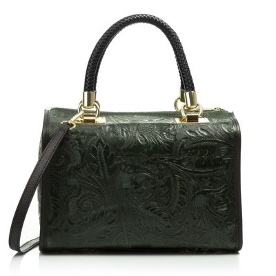 Borsa Tote Donna Catena in Vera Pelle Scamosciata con Incisione Arabesque - Verde Scuro