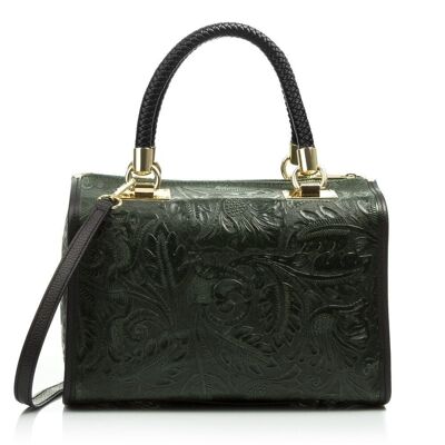 Catena Women's Tote Bag. Genuine Leather Suede Arabesque Engraving - Dark Green