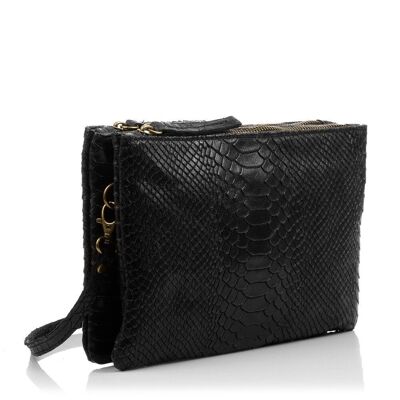 Ersilia Women's Shoulder Bag. Genuine Leather Suede Engraving Snake - Black