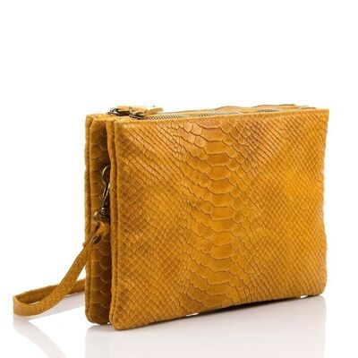 Ersilia Women's Shoulder Bag. Genuine Leather Suede Engraving Snake - Camel