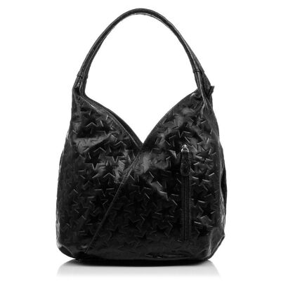 Guendalina Women's Shoulder Bag. Genuine Leather Suede Engraving Stars - Black