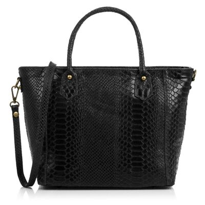 Imperia Women's Tote Bag. Genuine Leather Suede Embossed Snake - Black