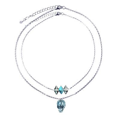Layered Skull Necklace - Denim Blue & Silver