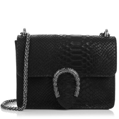 Lorenza Women's Handbag. Genuine Leather Suede Engraved Snake - Black