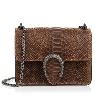 Lorenza Women's Handbag. Genuine Leather Suede Engraved Snake - Brown