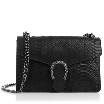 Luce Women's Handbag. Genuine Leather Suede Engraving Snake - Black