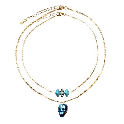 Layered Skull Necklace - Metallic Blue & Gold