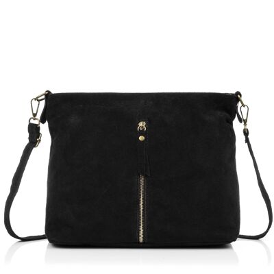 Sac à bandoulière Mareta pour femmes en cuir suédé véritable - Noir