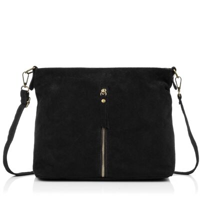 Mareta Women's Shoulder Bag. Genuine Suede Leather - Black